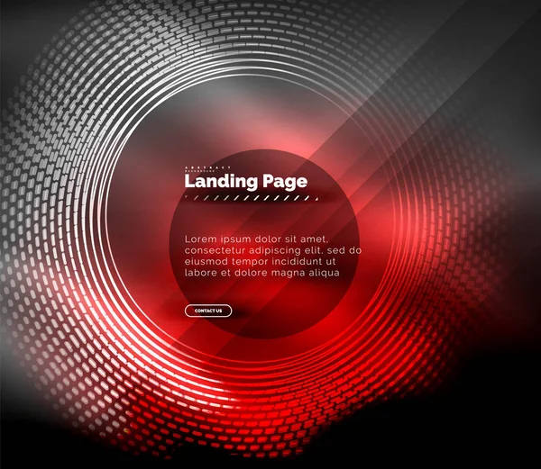 Neon glödande techno linjer, högteknologiska futuristiska abstrakt bakgrund mall med cirklar, landning sidmall — Stock vektor
