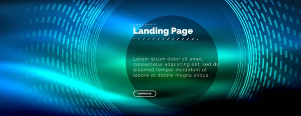 Linhas techno brilhantes néon, oi-tech modelo de fundo abstrato futurista com círculos, modelo de landing page — Vetor de Stock