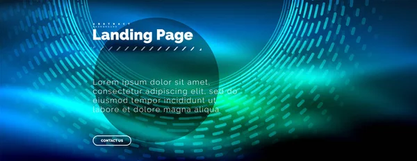 Neon gloeiende techno lijnen, hi-tech futuristische abstracte achtergrond met cirkels, landing paginasjabloon sjabloon — Stockvector