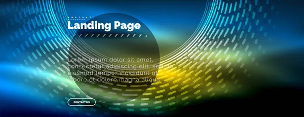 Neon glühende Techno-Linien, Hi-Tech futuristische abstrakte Hintergrundvorlage mit Kreisen, Landing Page Template — Stockvektor