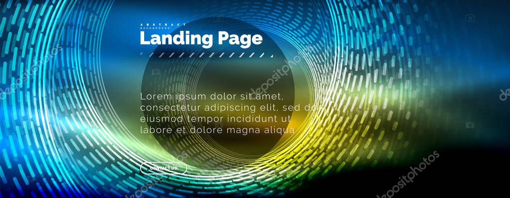 Neon glowing techno lines, hi-tech futuristic abstract background template with circles, landing page template. Vector illustration