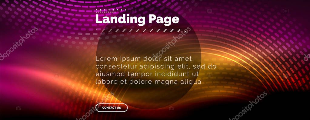 Neon glowing techno lines, hi-tech futuristic abstract background template with circles, landing page template. Vector illustration