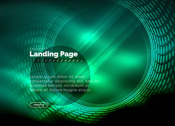 Linhas techno brilhantes néon, oi-tech modelo de fundo abstrato futurista com círculos, modelo de landing page — Vetor de Stock