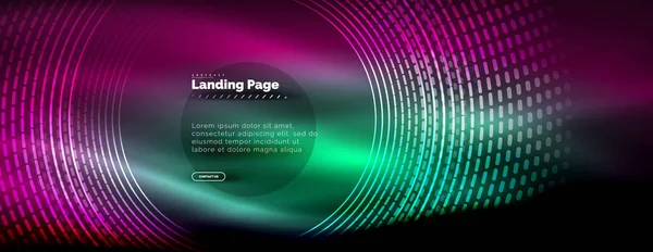 Neon glowing techno lines, hi-tech futuristic abstract background template with circles, landing page template — Stock Vector