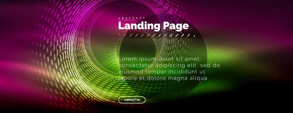 Neon glühende Techno-Linien, Hi-Tech futuristische abstrakte Hintergrundvorlage mit Kreisen, Landing Page Template — Stockvektor