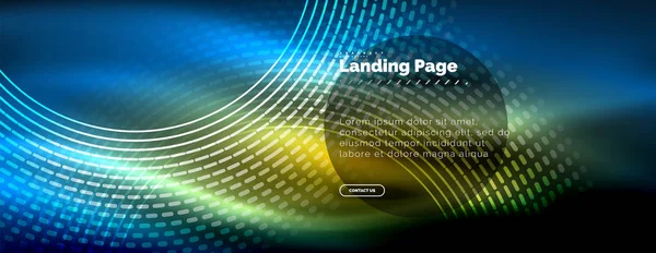 Linhas techno brilhantes néon, oi-tech modelo de fundo abstrato futurista com círculos, modelo de landing page — Vetor de Stock