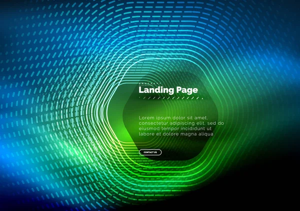 Neon glühende Techno-Sechseck-Formlinien, Hi-Tech futuristischer abstrakter Hintergrund, Landing Page Template — Stockvektor