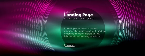 Linhas techno brilhantes néon, oi-tech modelo de fundo abstrato futurista com círculos, modelo de landing page — Vetor de Stock