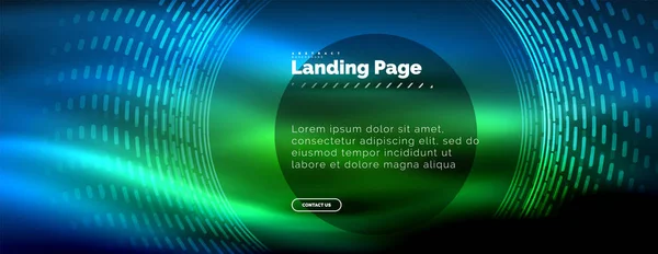 Linhas techno brilhantes néon, oi-tech modelo de fundo abstrato futurista com círculos, modelo de landing page — Vetor de Stock