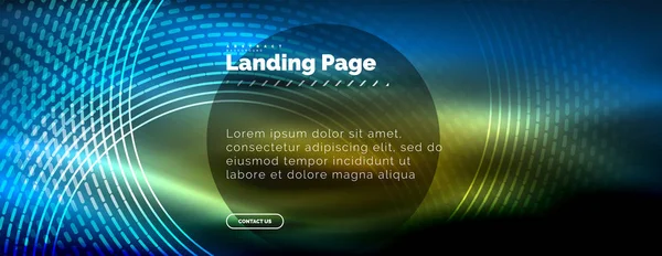 Linhas techno brilhantes néon, oi-tech modelo de fundo abstrato futurista com círculos, modelo de landing page —  Vetores de Stock