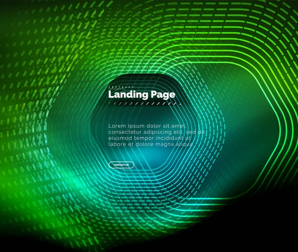 Linee di forma esagonale techno incandescente al neon, sfondo astratto futuristico hi-tech, modello di pagina di destinazione — Vettoriale Stock