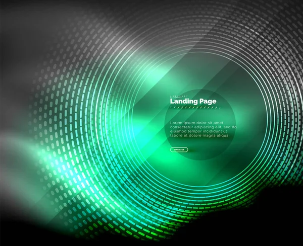 霓虹灯发光技术线, 高科技未来抽象背景模板带圆圈, 登陆页面模板 — 图库矢量图片