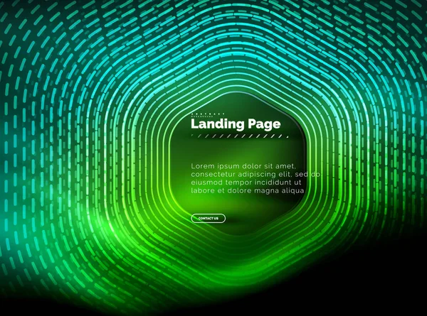 Неоновые светящиеся линии формы шестиугольника, высокотехнологичный футуристический абстрактный фон, шаблон целевой страницы — стоковый вектор