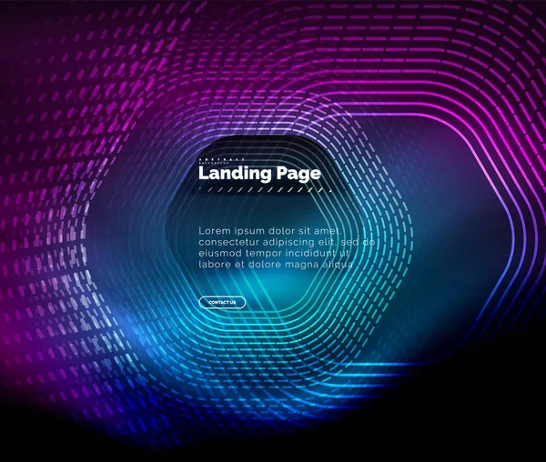 Linee di forma esagonale techno incandescente al neon, sfondo astratto futuristico hi-tech, modello di pagina di destinazione — Vettoriale Stock