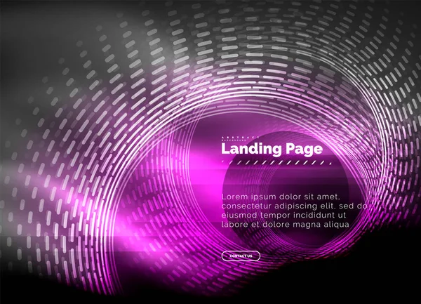Linhas techno brilhantes néon, oi-tech modelo de fundo abstrato futurista com círculos, modelo de landing page — Vetor de Stock
