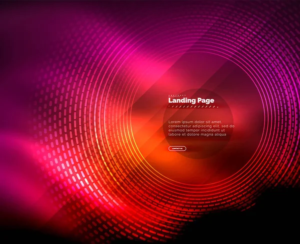 Neon glühende Techno-Linien, Hi-Tech futuristische abstrakte Hintergrundvorlage mit Kreisen, Landing Page Template — Stockvektor