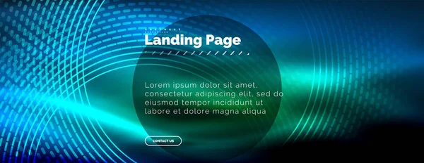 Linhas techno brilhantes néon, oi-tech modelo de fundo abstrato futurista com círculos, modelo de landing page — Vetor de Stock