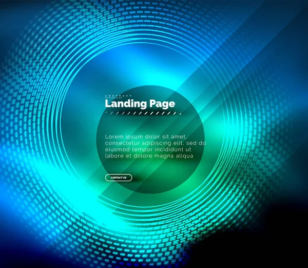 Linhas techno brilhantes néon, oi-tech modelo de fundo abstrato futurista com círculos, modelo de landing page — Vetor de Stock