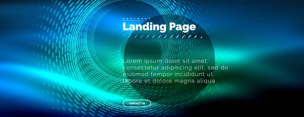 Linhas techno brilhantes néon, oi-tech modelo de fundo abstrato futurista com círculos, modelo de landing page — Vetor de Stock