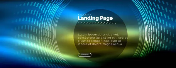 Linhas techno brilhantes néon, oi-tech modelo de fundo abstrato futurista com círculos, modelo de landing page — Vetor de Stock