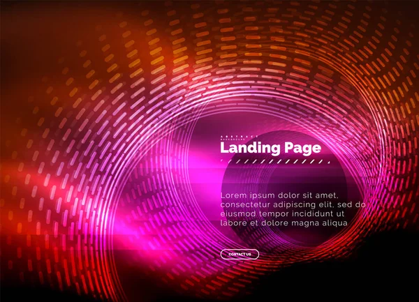 Neon Glowing techno lines, hi-tech futuristic abstrak background template dengan lingkaran, landing page template - Stok Vektor