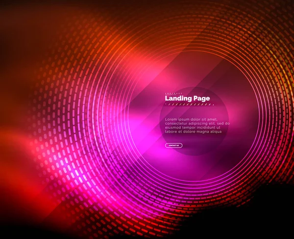 Neón brillantes líneas techno, alta tecnología futurista plantilla de fondo abstracto con círculos, plantilla de landing page — Vector de stock