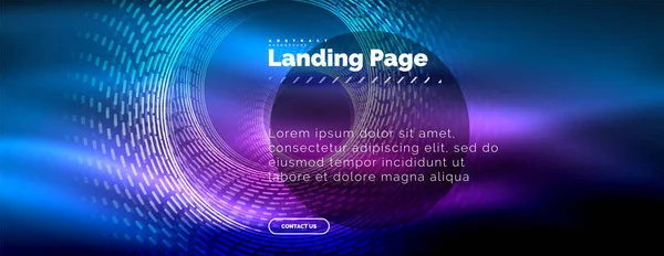 Neon gloeiende techno lijnen, hi-tech futuristische abstracte achtergrond met cirkels, landing paginasjabloon sjabloon — Stockvector