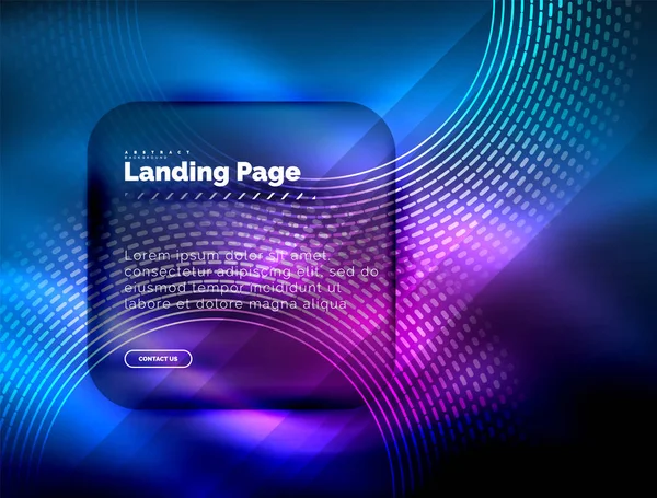 Linhas techno brilhantes néon, oi-tech modelo de fundo abstrato futurista com círculos, modelo de landing page — Vetor de Stock