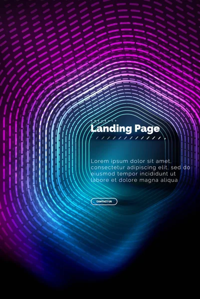 Neon glühende Techno-Sechseck-Formlinien, Hi-Tech futuristischer abstrakter Hintergrund, Landing Page Template — Stockvektor