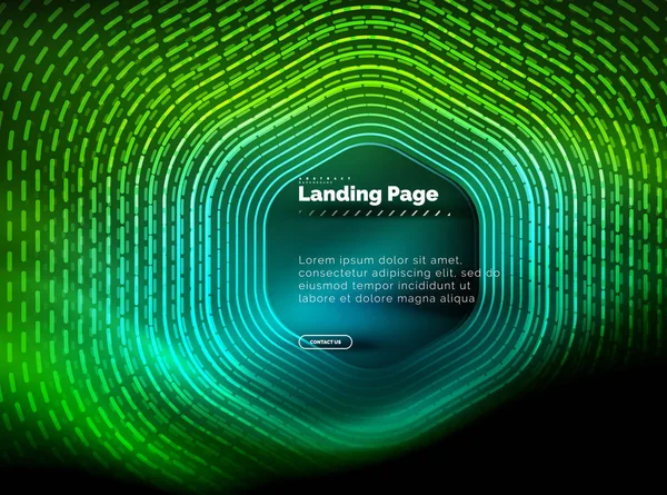 Неоновые светящиеся линии формы шестиугольника, высокотехнологичный футуристический абстрактный фон, шаблон целевой страницы — стоковый вектор