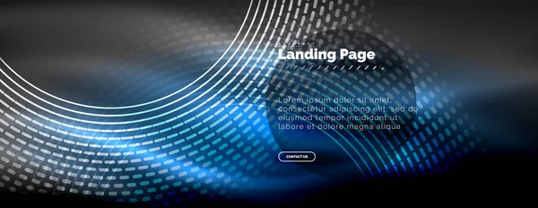 Linhas techno brilhantes néon, oi-tech modelo de fundo abstrato futurista com círculos, modelo de landing page — Vetor de Stock