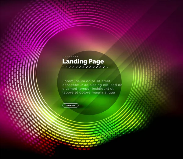 Neon glowing techno lines, hi-tech futuristic abstract background template with circles, landing page template — Stock Vector