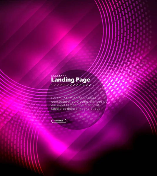 Neón brillantes líneas techno, alta tecnología futurista plantilla de fondo abstracto con círculos, plantilla de landing page — Vector de stock