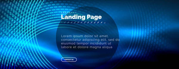 Linhas techno brilhantes néon, oi-tech modelo de fundo abstrato futurista com círculos, modelo de landing page — Vetor de Stock