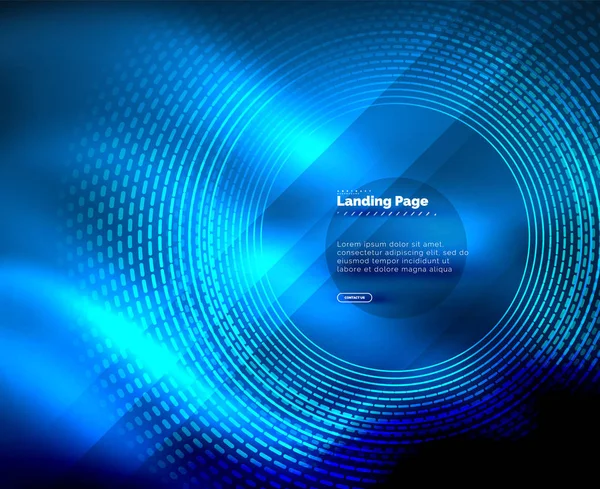 Neon glühende Techno-Linien, Hi-Tech futuristische abstrakte Hintergrundvorlage mit Kreisen, Landing Page Template — Stockvektor