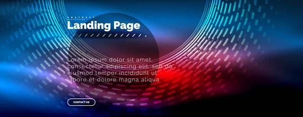 Neon glowing techno lines, hi-tech futuristic abstract background template with circles, landing page template — Stock Vector