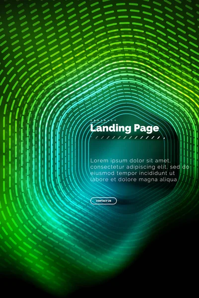 Neon glühende Techno-Sechseck-Formlinien, Hi-Tech futuristischer abstrakter Hintergrund, Landing Page Template — Stockvektor