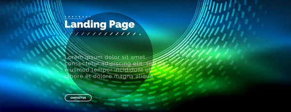 Neon glowing techno lines, hi-tech futuristic abstract background template with circles, landing page template — Stock Vector