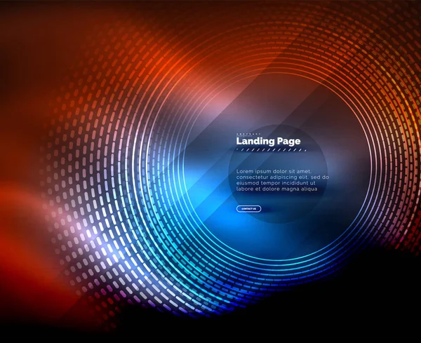 Neon glühende Techno-Linien, Hi-Tech futuristische abstrakte Hintergrundvorlage mit Kreisen, Landing Page Template — Stockvektor