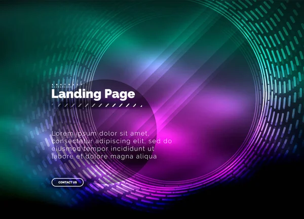 Neon glödande techno linjer, högteknologiska futuristiska abstrakt bakgrund mall med cirklar, landning sidmall — Stock vektor