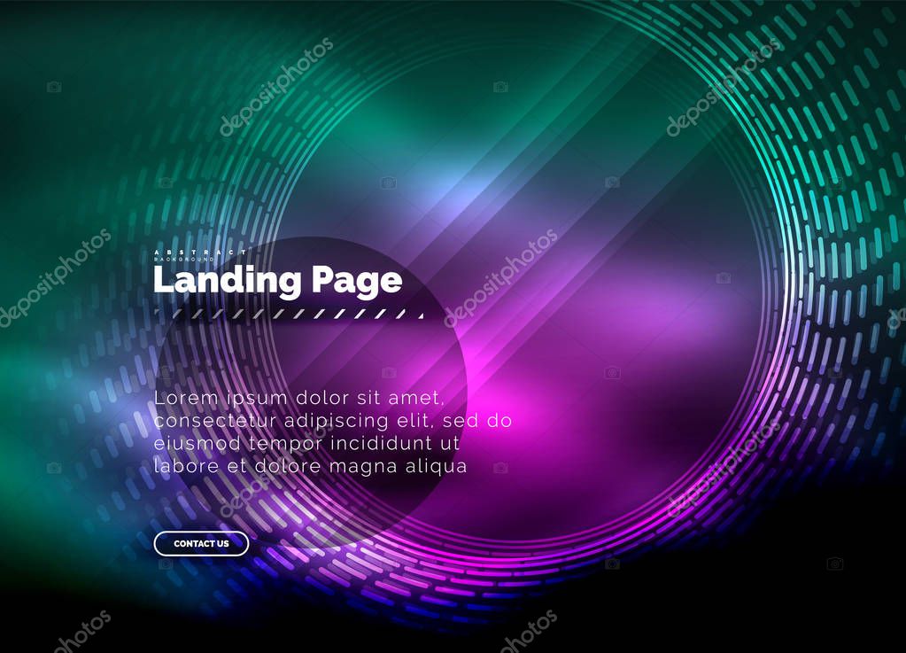 Neon glowing techno lines, hi-tech futuristic abstract background template with circles, landing page template. Vector illustration