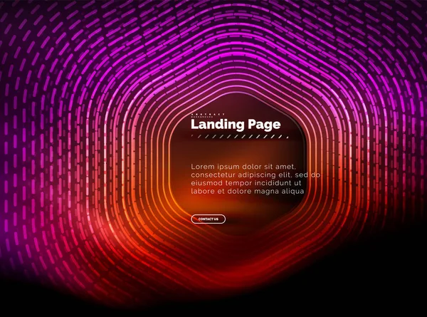 Neon glühende Techno-Sechseck-Formlinien, Hi-Tech futuristischer abstrakter Hintergrund, Landing Page Template — Stockvektor