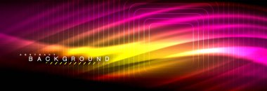 Neon parlayan sıvı dalga hatları, sihirli enerji alanı ışık kavramı, arka plan duvar kağıdı tasarım, vektör çizim