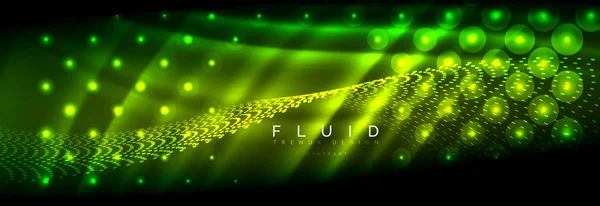 Onde fluenti fluide al neon, linee luminose luminose sullo sfondo — Vettoriale Stock