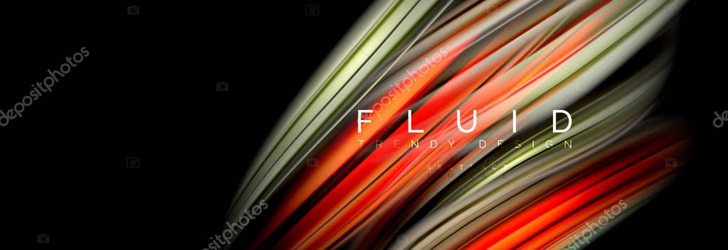 Mixing color waves on black, liquid flowing shapes, vector fluid trendy design