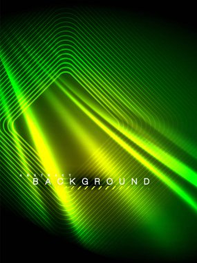 Neon parlayan dalga, sihirli enerji ve ışık arka plan. Vektör çizim