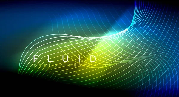 Linhas de onda de fluido brilhante néon, conceito de luz de espaço de energia mágica, design de papel de parede de fundo abstrato, ilustração de textura ondulada —  Vetores de Stock