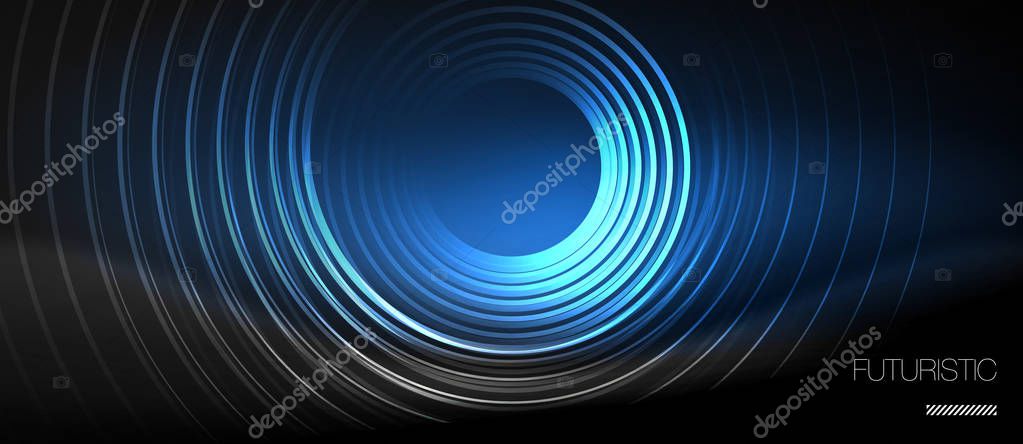 Dark abstract background with glowing neon circles, vector