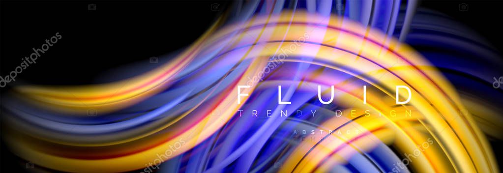 Background abstract design, flowing mixing liquid color waves on black, vector illustration
