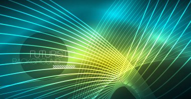 Dijital teknoloji arka plan - neon geometrik tasarım. Soyut parlak çizgiler. Renkli techno arka plan. Fütüristik şekli.